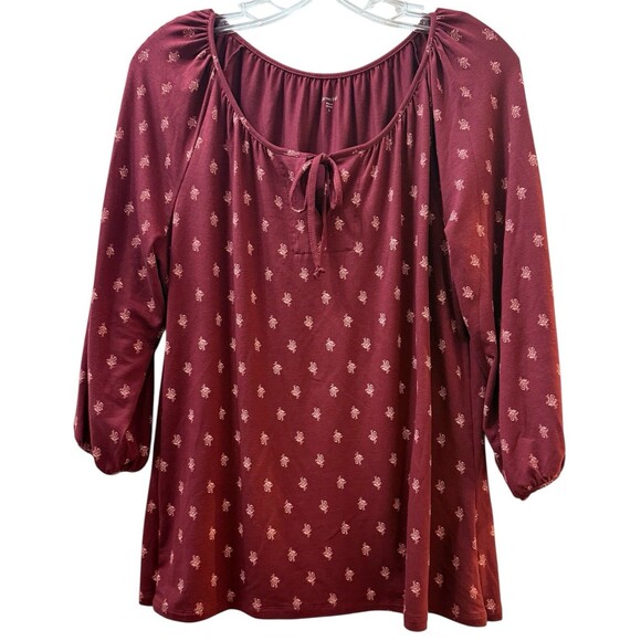 Garnet Hill Peasant Top Womens Size Small Wine Red Floral 3/4 Sleeve Shirt - Picture 1 of 9